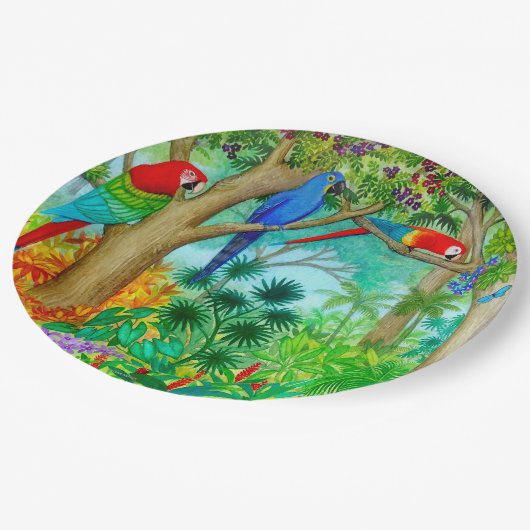 Macaw-Papageien-Kunst-Dschungel-Papier-Teller Pappteller (Schrägansicht)