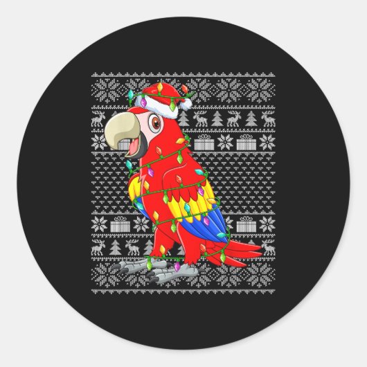 Macaw Parrot Christmas Lights Ugly Sweater Funny B Runder Aufkleber (Vorderseite)
