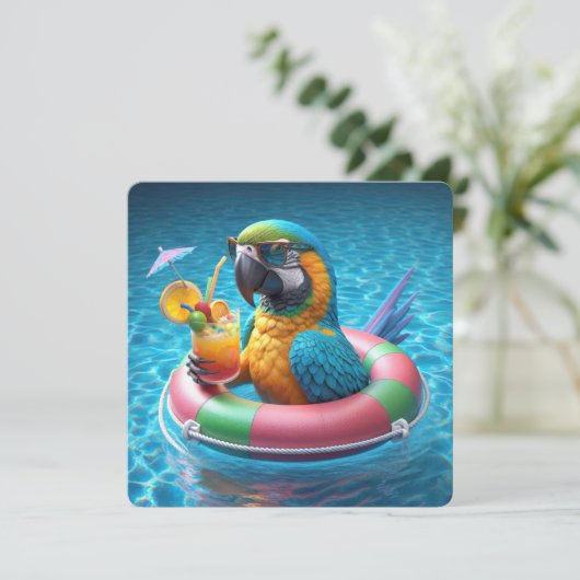 Macaw Parrot Pool Party Einladung (Stehend Vorderseite)
