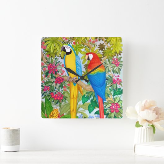 Macaw Parrots tropische Vogelschutzmauer Quadratische Wanduhr (Zuhause)