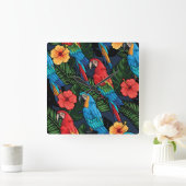 Macaw-und Hibiskus-Muster Quadratische Wanduhr (Zuhause)