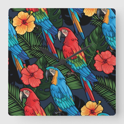 Macaw-und Hibiskus-Muster Quadratische Wanduhr (Vorderseite)