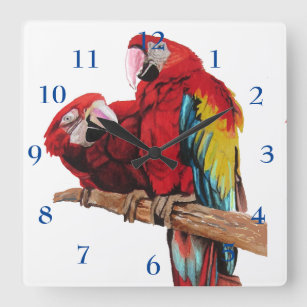 Macaw Watercolor Parrot Bird Childrens Room Clock Quadratische Wanduhr