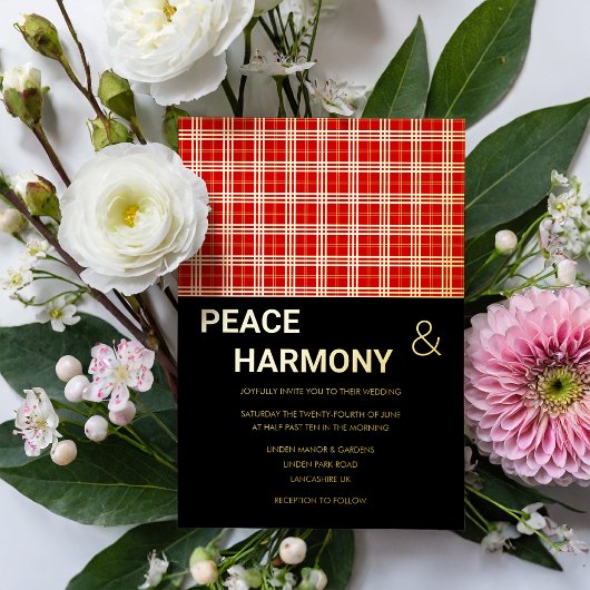 MacClan Tartan Red Black Gold Muster Hochzeit Folieneinladung