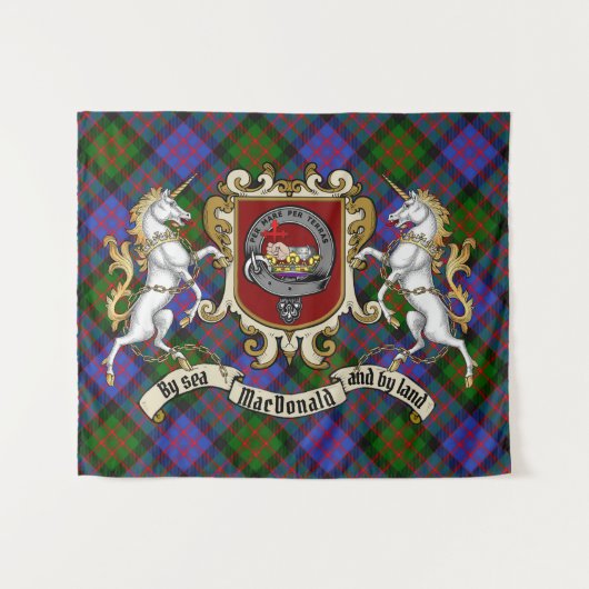 MacDonald Clan Abzeichen & Unicorns mit Tartan Wandteppich (Vorderseite (Horizontal))