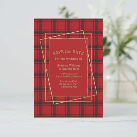 MacDonald Sleet Moderner Tartan mit Goldrahmen Save The Date (Stehend Vorderseite)
