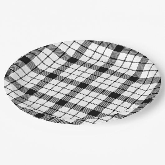 MacFarlane Tartan Schwarz-weiß kariert Pappteller (Schrägansicht)