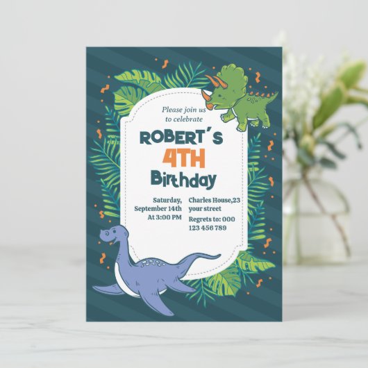 Mach dich lustig! Gezeichnet Dinosaurier Geburtsta Einladung (Stehend Vorderseite)