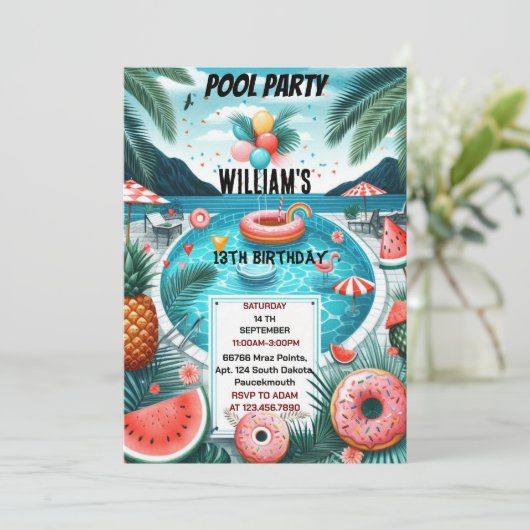machen Junge Wasser blau Cool Pool Party 13. Gebur Einladung (Stehend Vorderseite)