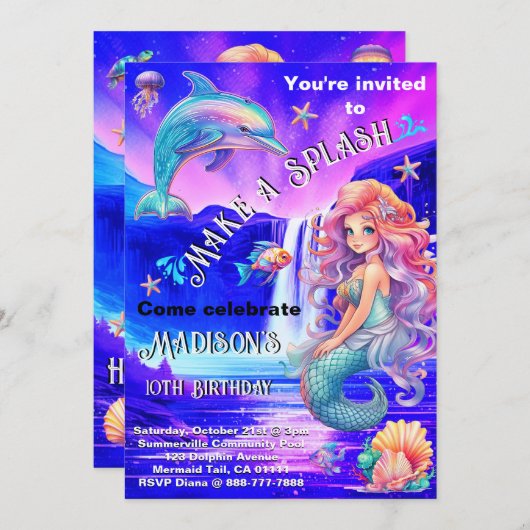 Machen Sie einen Splash Meerjungfrau Magischen Was Einladung (Vorne/Hinten)
