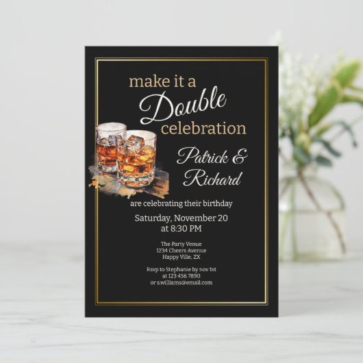 Machen Sie es zu einer doppelten Feier Black Whisk Einladung (Stehend Vorderseite)