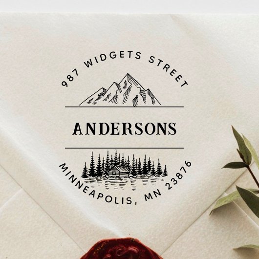 Machen Sie Ihre rustikale Bergwaldlandschaft. Gummistempel