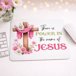 Macht im Namen – Florales Kreuz Christlich Mousepad