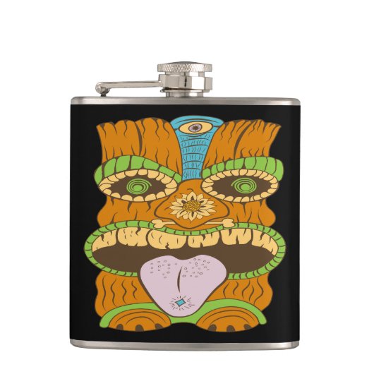 Mächtige Tiki-Statue in psychedelischer Stimmung,  Flachmann (Vorderseite)