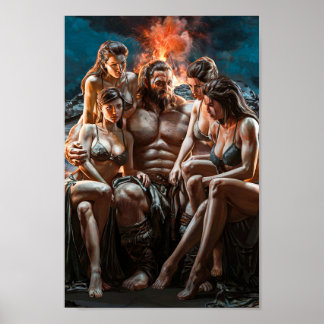 Mächtiger Barbar, umgeben von sexy Frauen Poster