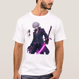 Mächtiger, weißhaariger Anime-Krieger mit glühende T-Shirt