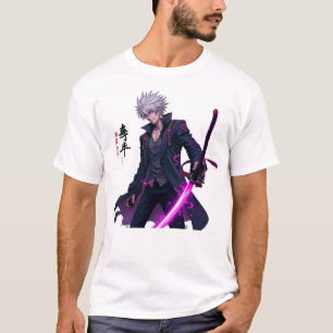 Mächtiger, weißhaariger Anime-Krieger mit glühende T-Shirt