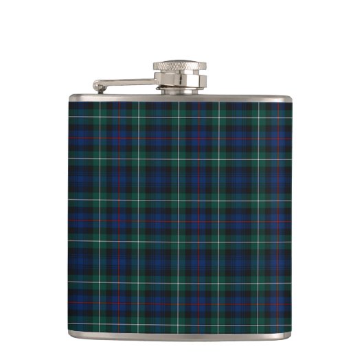 Mackenzie Clan Tartan Navy Blau und Grün Kariert Flachmann (Vorderseite)