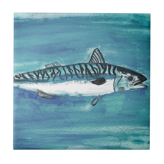 Mackerel Fisch Aquarell Blau aukal Fliese (Vorderseite)
