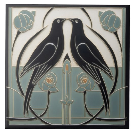 Mackintosh Black Birds Art Deco Jugendstil-Wanddek Fliese (Vorderseite)