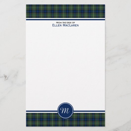 MacLaren Clan Tartan Blue und Green Kariert Monogr Briefpapier (Vorderseite)