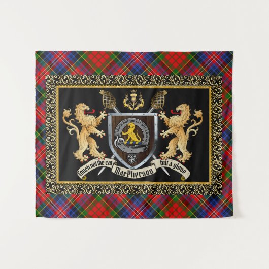 MacPherson Clan Abzeichen & Motto w/Lions Tapestry Wandteppich (Vorderseite (Horizontal))
