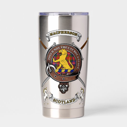 MacPherson Clan Abzeichen Tartan & Schwerter Thermobecher (Vorderseite)