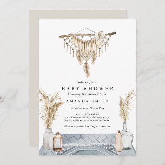 Macrame Boho Chic Rustic Boy Blue Baby Dusche Invi Einladung (Vorne/Hinten)