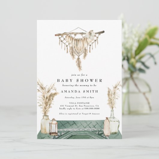 Macrame Boho Chic Rustic Neutral Baby Dusche  Einladung (Stehend Vorderseite)