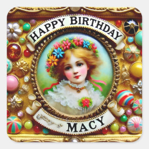 MACY ~ HAPPY BIRTHDAY ~ Vintages Mädchen ~ Quadratischer Aufkleber