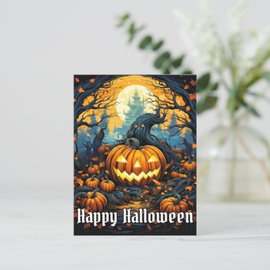 Mad Glows Pumpkin | Frohe Halloween Postkarte (Stehend Vorderseite)