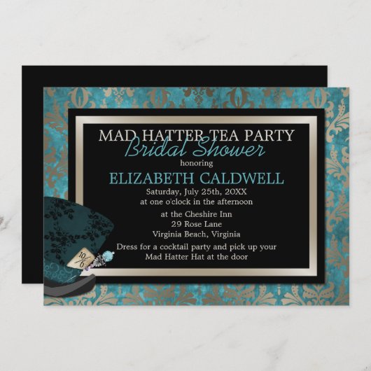Mad Hatter Alice im Wunderland Brautparty Einladung (Vorne/Hinten)