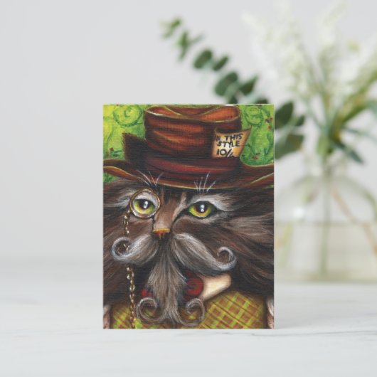 Mad Hatter Cat Alice im Wunderland Fantasy Art Postkarte (Stehend Vorderseite)