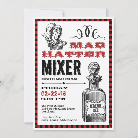 Mad Hatter Mixer Party auf Weiß Einladung (Vorderseite)