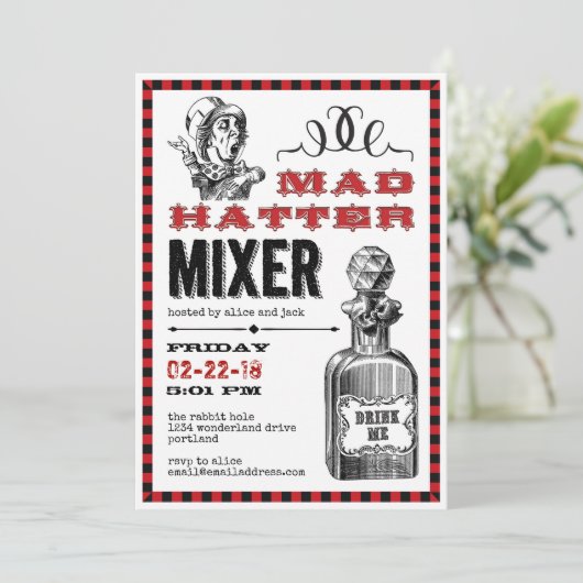 Mad Hatter Mixer Party auf Weiß Einladung (Stehend Vorderseite)