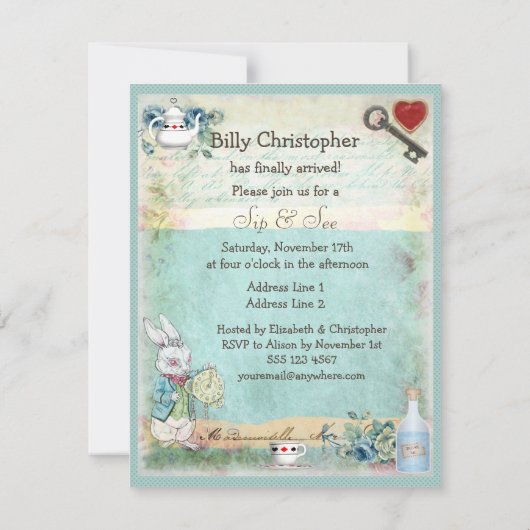 Mad Hatter Sip & See Babydusche Einladung (Rückseite)