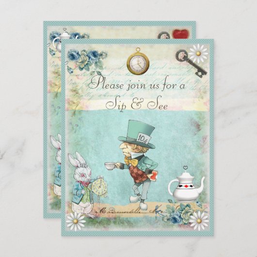 Mad Hatter Sip & See Babydusche Einladung (Vorne/Hinten)