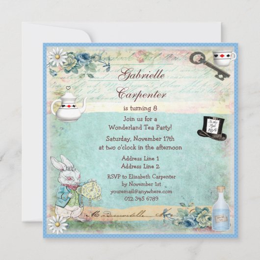 Mad Hatter Wonderland Birthday Tee Party Einladung (Rückseite)