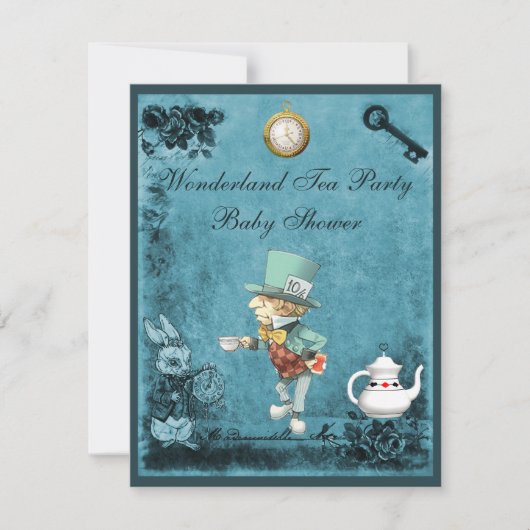Mad Hatter Wonderland Tea Party Babydusche Einladung (Vorderseite)