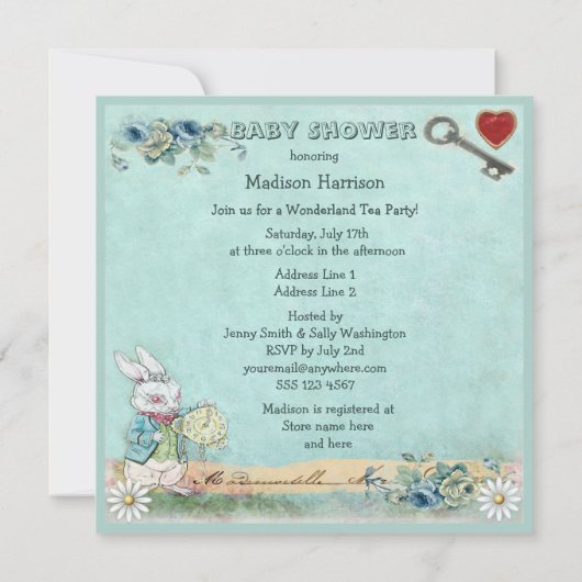 Mad Hatter Wonderland Tea Party Babydusche Einladung (Rückseite)