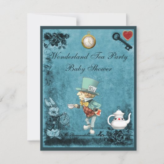Mad Hatter Wonderland Tea Party Babydusche Einladung (Vorderseite)