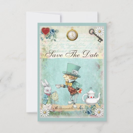 Mad Hatter Wonderland Wedding rettet das Datum Save The Date (Vorderseite)