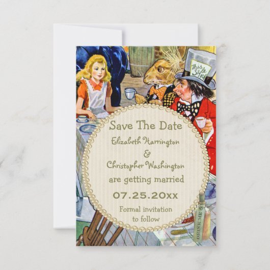 Mad Hatters Tea-Party Hochzeit rettet das Datum Save The Date (Rückseite)