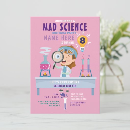 Mad Science Birthday Party Experiment Girls Einladung (Stehend Vorderseite)