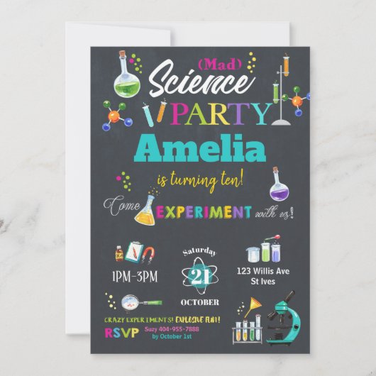 Mad Science Party Birthday Invitation Girl Einladung (Vorderseite)