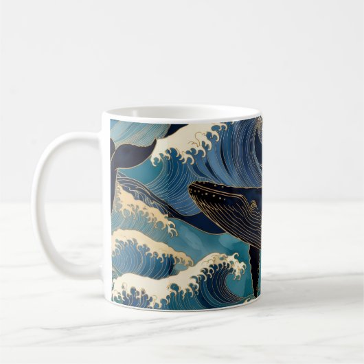 Madagascar Ocean Whale - Blue & Gold Waves |  Kaffeetasse (Links)