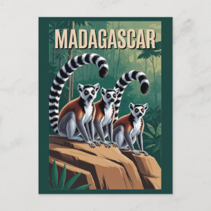 Madagaskar Lemuren Illustration Reise Kunst Vintag Postkarte
