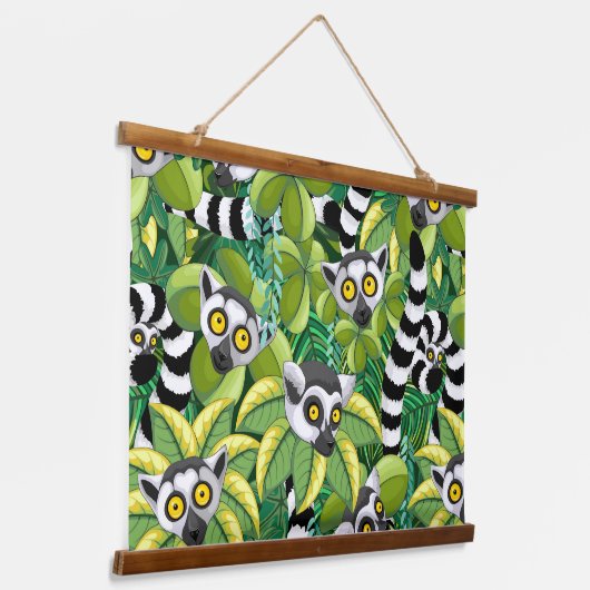 Madagaskar-Lemuren im Exotischen Dschungel Wandteppich Mit Holzrahmen (Gewinkelt)
