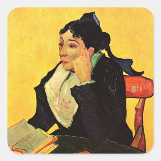 Madame Ginoux mit Büchern von Vincent van Gogh Quadratischer Aufkleber (Vorderseite)