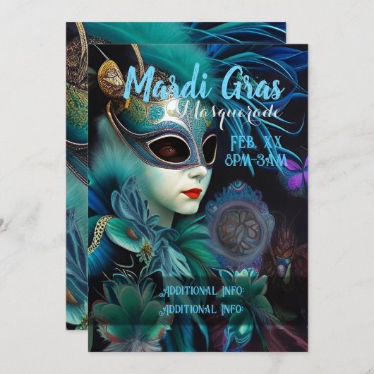 Madame Masquerade Aquamarin Einladung (Vorne/Hinten)